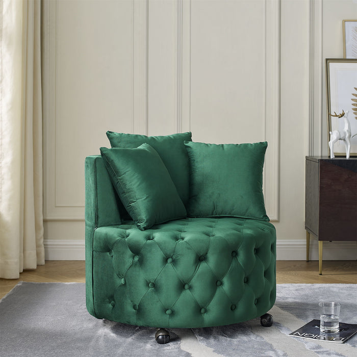 Modern Upholstered Swivel Chair With Button Tufted Design And Movable Wheels