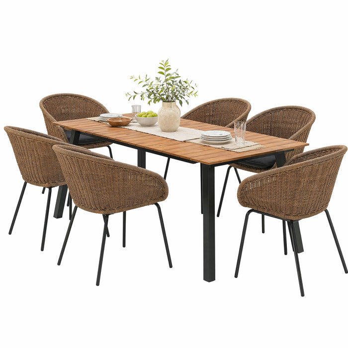 7 Piece Outdoor Patio Dining Set For 6, Conversation Set With Table & 6 Armchairs - Purple Pink Flower / Yellow