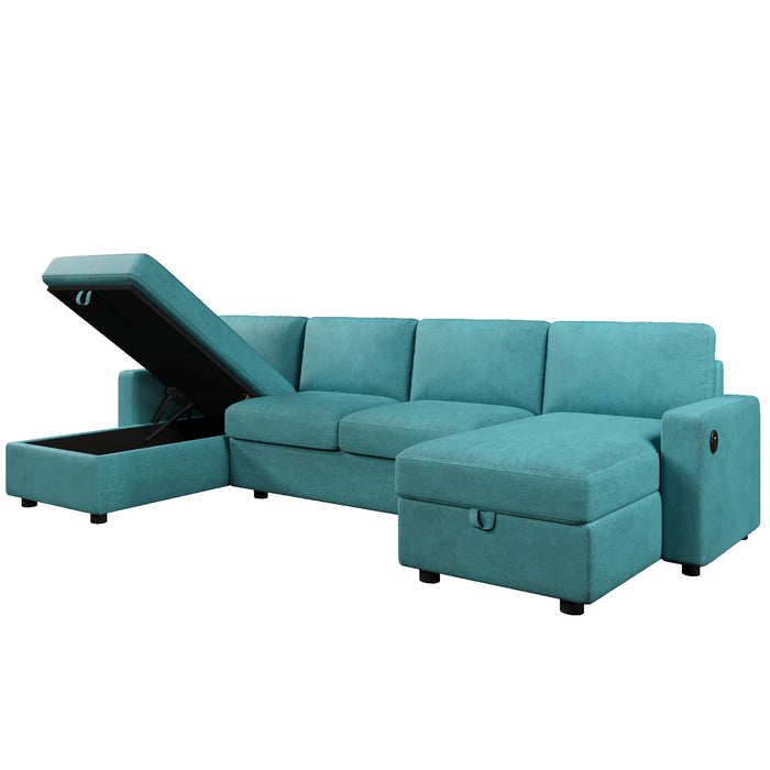 Convertible Sectional Sofa With Storage Chaise Lounges And USB Ports