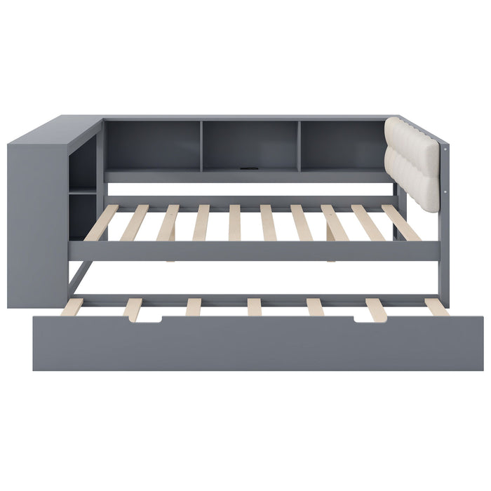 Upholstered Headboard Platform Bed With Storage Shelves, Trundle, Charging Station