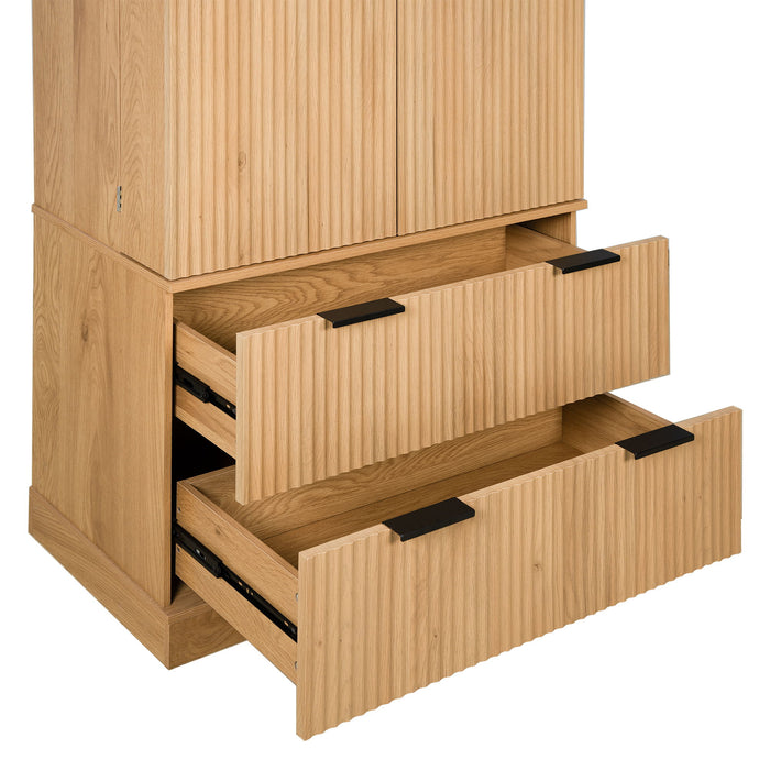 Fluted Kitchen Pantry Cabinet With 2 Large Drawers & 8 Door Spice Rack Freestanding Storage Organizer - Oak
