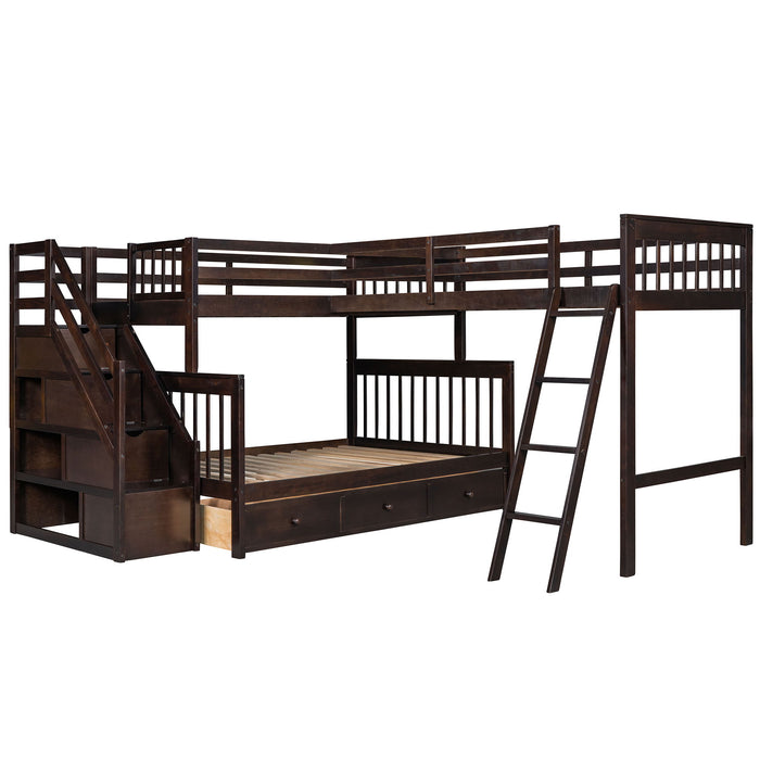 Solid L Shaped Bunk Bed With 3 Drawers, Ladder And Staircase