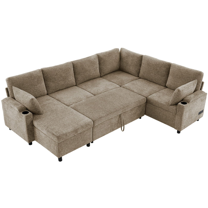 U-Shaped Sectional Sofa Bed With Storage, Charging Ports, And Cup Holders - Brown