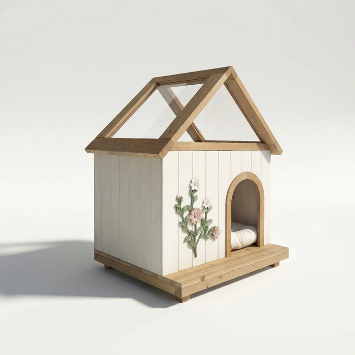 Daisy Cat House With Roof & Indoor Outdoor Pet Shelter For Cats & Small Dogs (11–25 Lbs) - White / Wood