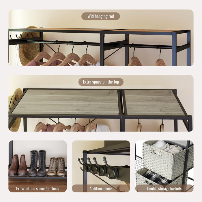 Garment Rack With Shelves, 2 Wicker Drawers, 4 Hooks, Organizer
