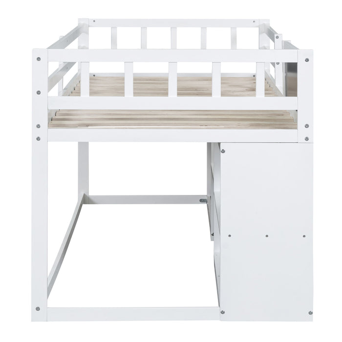 Low Loft Bed With Rolling Desk, Shelf And Drawers