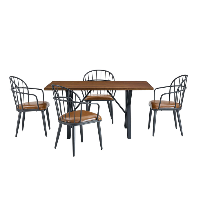 5 Piece Industrial Style Indoor Upholstered Dining Set With Metal Legs - Brown