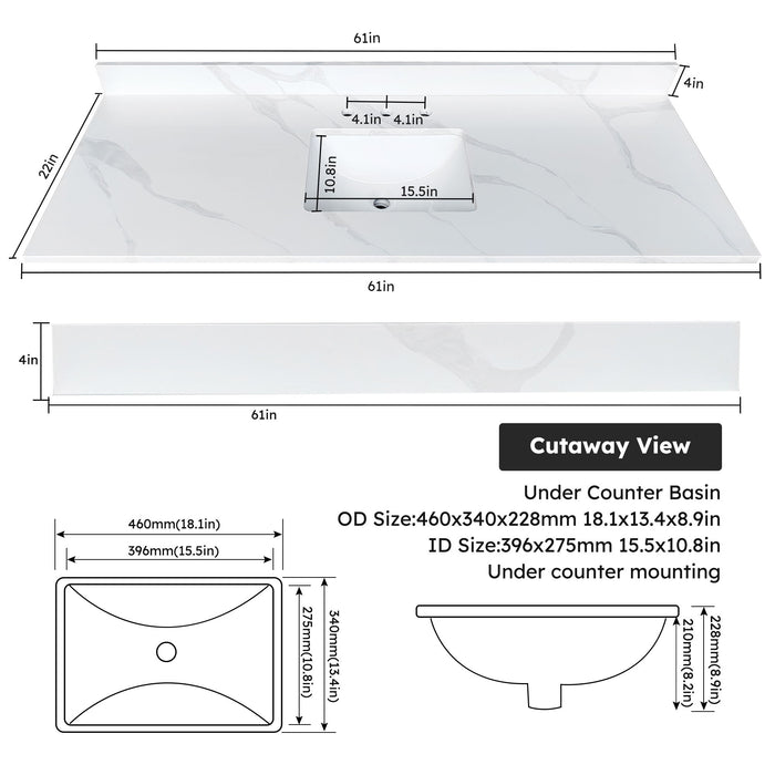Bathroom Vanity Top With Undermount Sink, 3 Pre Drilled Holes