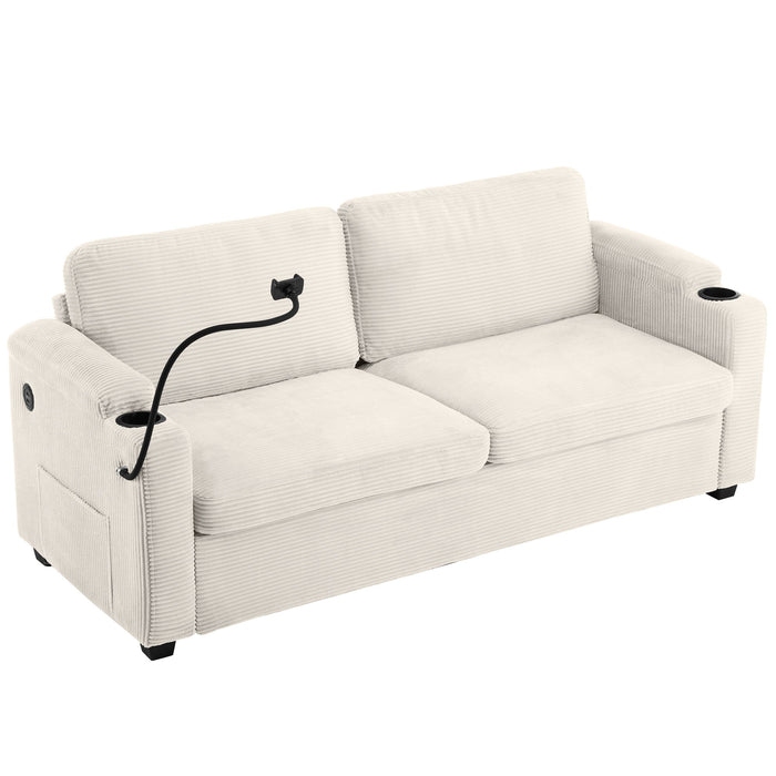 Corduroy Sleeper Sofa Loveseat Sofa With Full Size Mattress, 2 USB Ports, 2 Cup Holders, 2 Side Pockets And Phone Holder