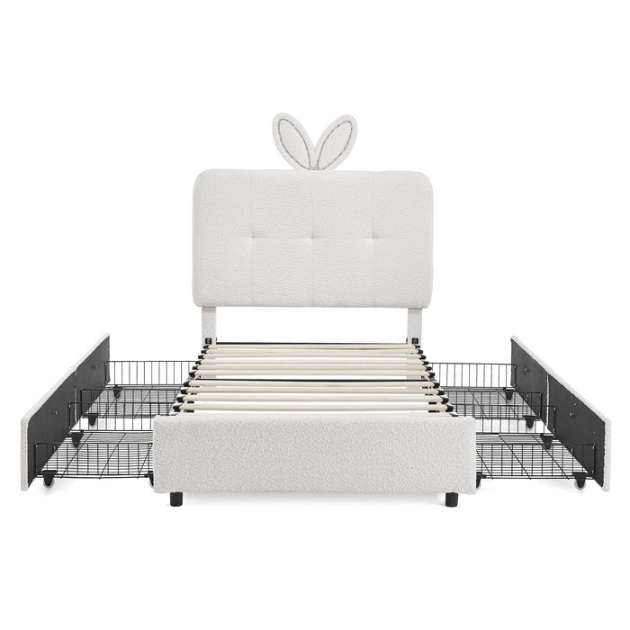 Upholstered Bed With Oversized Rabbit Ear Headboard, LED Lights & 4 Storage Drawers