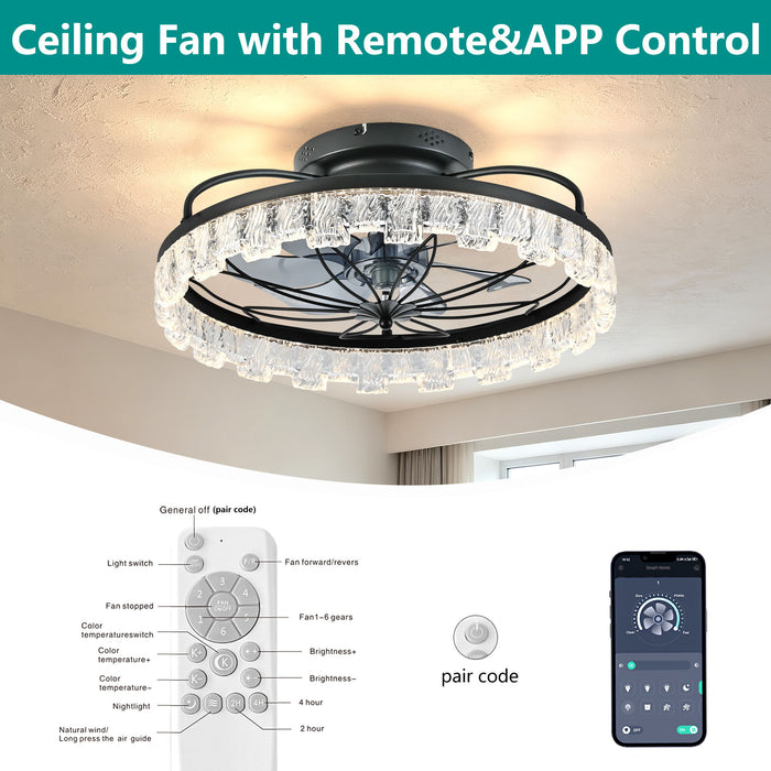 Ceiling Fan With Light, Flower Caged Ceiling Fan With Remote, LED Low Profile Ceiling Light - Matte Black