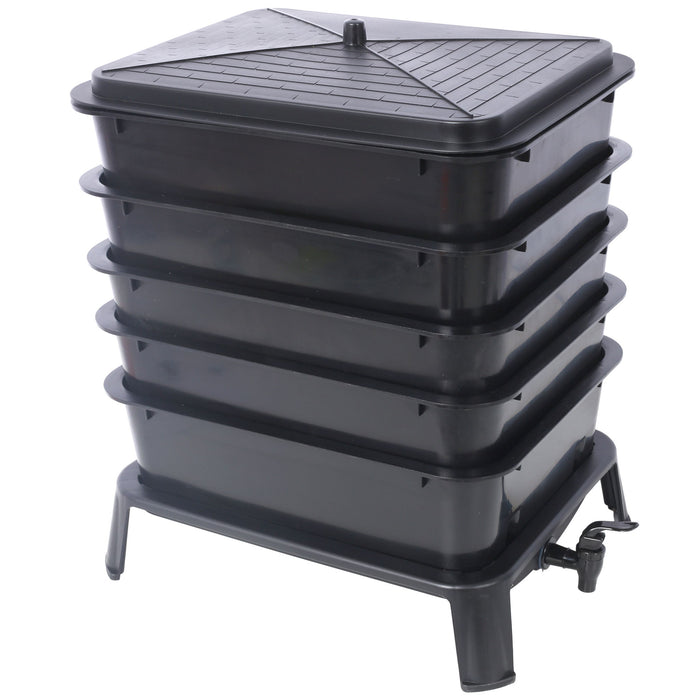 Eco Friendly 5 Layer Worm Compost Bin With 50L Capacity, Easy Setup Plastic Worm Farm Kit - Black
