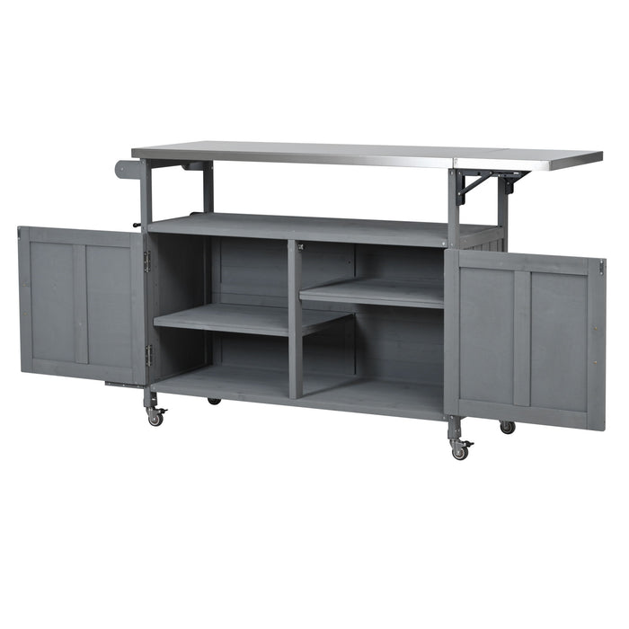 Foldable Outdoor Kitchen Island With Lockable Wheels, Storage Cabinet And Towel Rack For Patio
