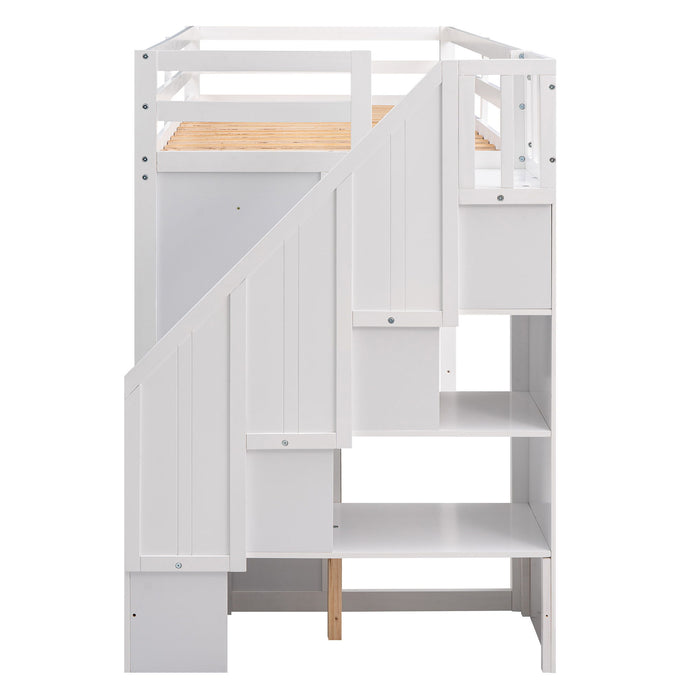 Loft Bed With 3 Shelves, 2 Wardrobes, 2 Drawers, Ladder Storage