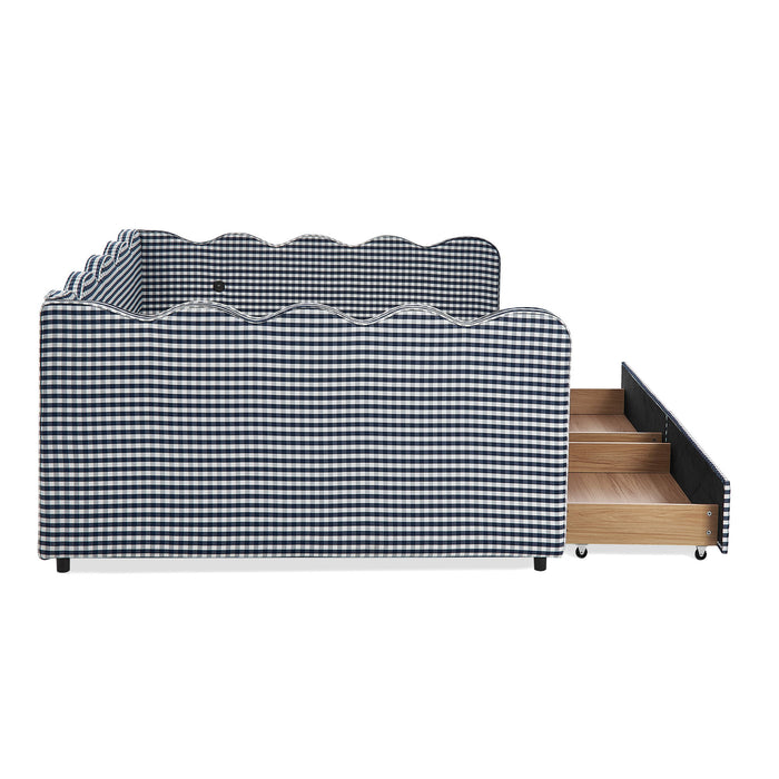 Gingham Daybed With USB Charging Port, Wave-Shaped Design