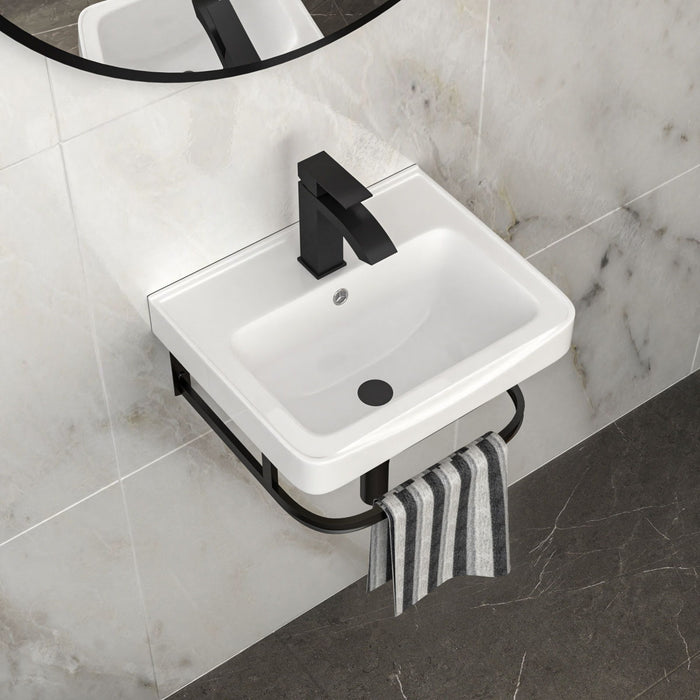 Wall Mounted Bathroom Sink With Towel Bar & Overflow - White / Black