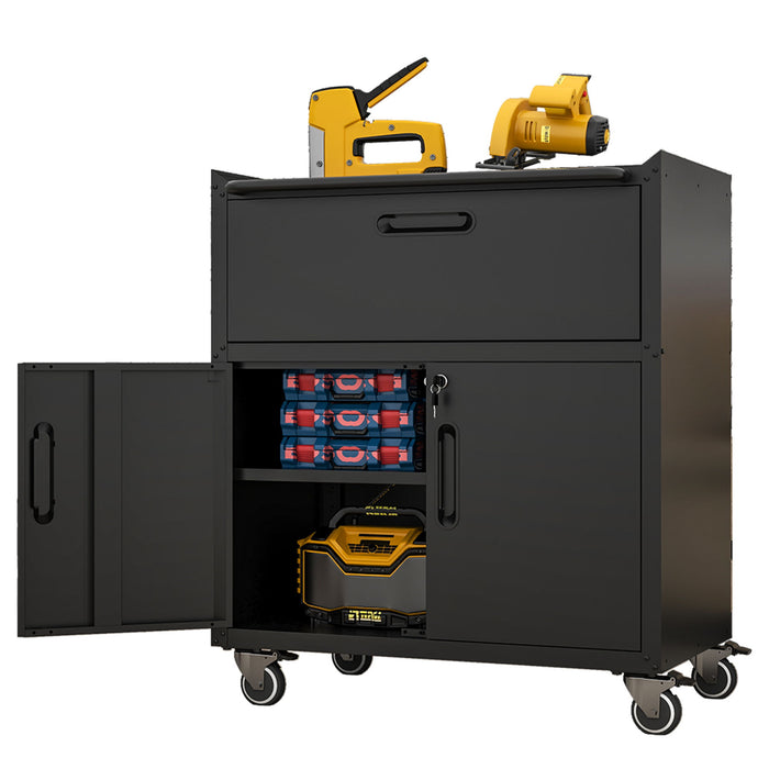 Sturdy And Durable Metal Tool Cabinet For Garage With Wheels Mobile Heavy Duty Storage Cabinet With 1 Drawer And 2 Locking Doors