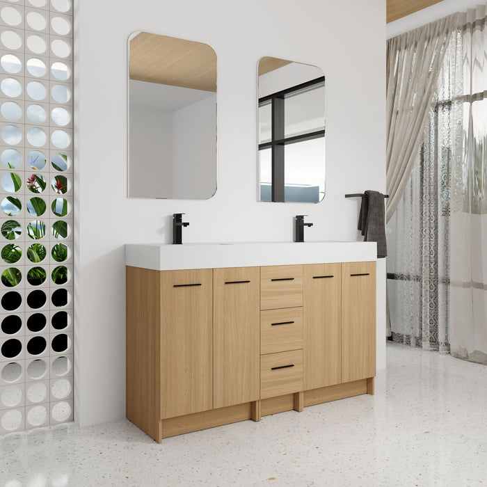 Double Sink Bathroom Vanity With 3 Drawers, Large Storage, Integrated Sink, Freestanding Cabinet, Soft Close Hardware - Glossy White / Light Oak