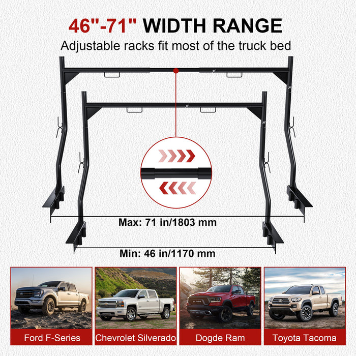 Heavy Duty Universal Truck Bed Ladder Rack, No-Drill Installation, Adjustable - Black