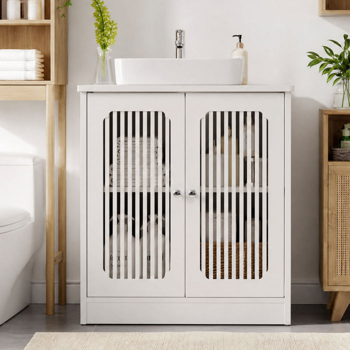 Louvered Double Door Floor Standing Bathroom Vanity Cabinet With Adjustable Shelf - White