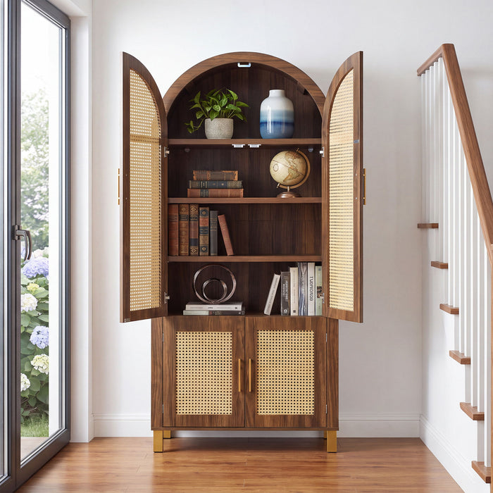 Tall Arched Cabinet With Rattan Doors & Adjustable Shelves