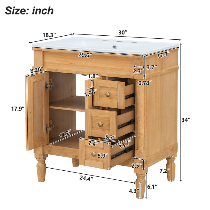 Modern Bathroom Vanity With Ceramic Sink, Soft Close Doors, Adjustable Shelves