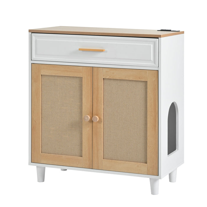 Pet Friendly Furniture Style Cat Litter Box House With Sisal Scratching Door And Charging Socket - Beige / White