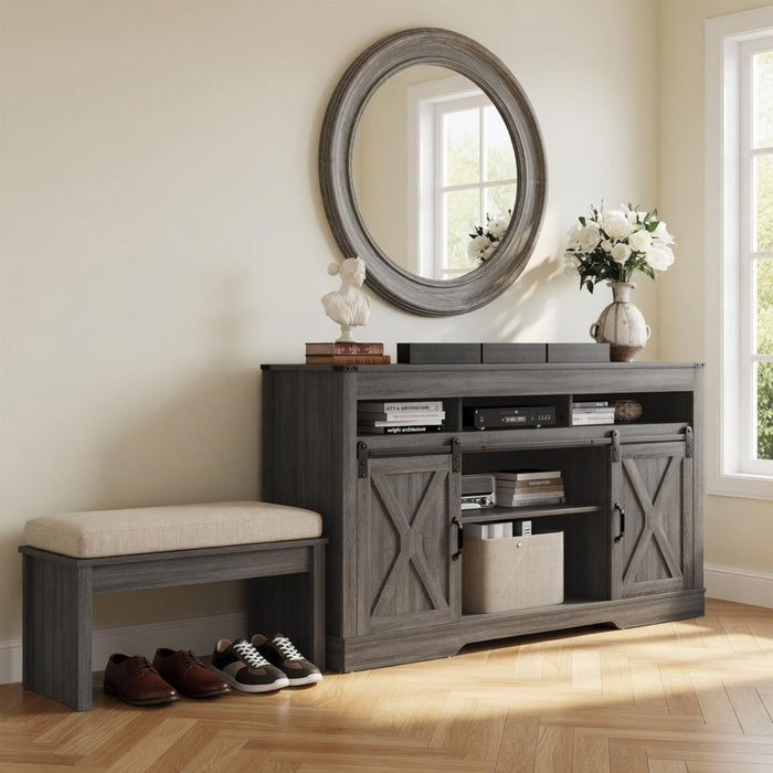 Farmhouse TV Stand With Sliding Barn Doors & Adjustable Storage