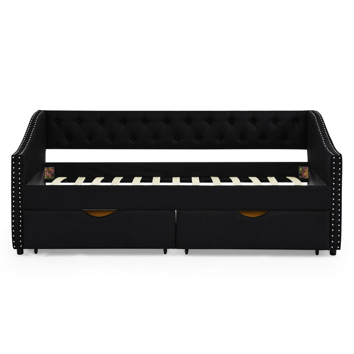 Upholstered Tufted Daybed With 2 Drawers, Waved Arms