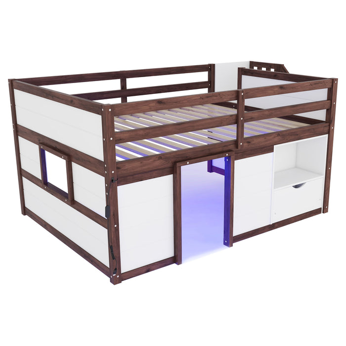 Low Loft Bed Frame With Built In Stairs, Storage Drawer, Shelf And 7 Color LED Light