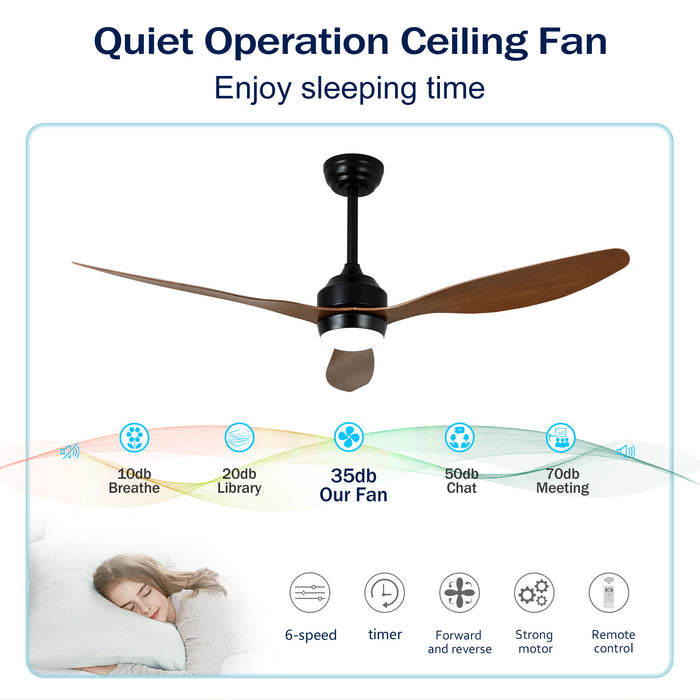 Ceiling Fan With Lights Quiet DC Motor 3 Blade Ceiling Fans 6 Speed Levels, Reversible Ceiling Fan - Matte Black / Wood