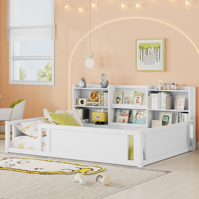 Platform Floor Bed With Guardrail Fence And Side Storage Shelves