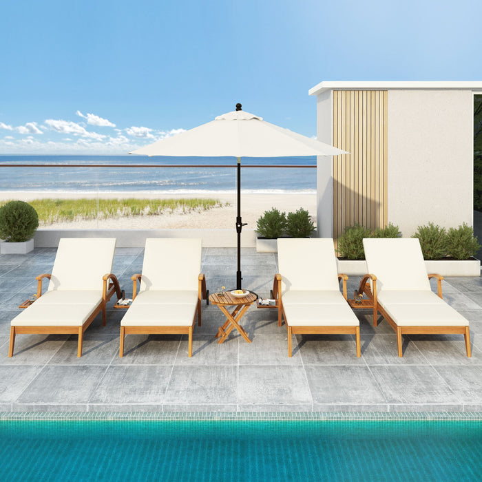 Versatile Chaise Lounge With Wheels Acacia Wood Recliner For Patio - Cream