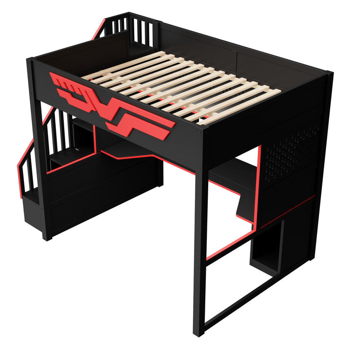 Full Gaming Loft Bed With Desk And Storage Staircase, LED Lights And USB - Red / Black