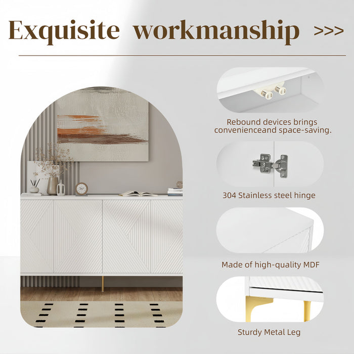 Modern Wood Sideboard Cabinet With Carved Door Panels, Adjustable Shelves, And Sturdy Metal Legs