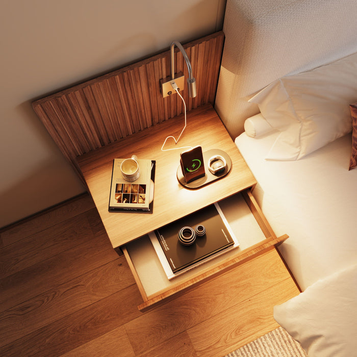 Floating King Size Bed With Integrated Side Tables And Smart Lighting - Beige Gray / White