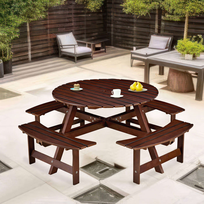 8 Person Round Picnic Table With 4 Built In Benches, Umbrella Hole For Garden - Brown