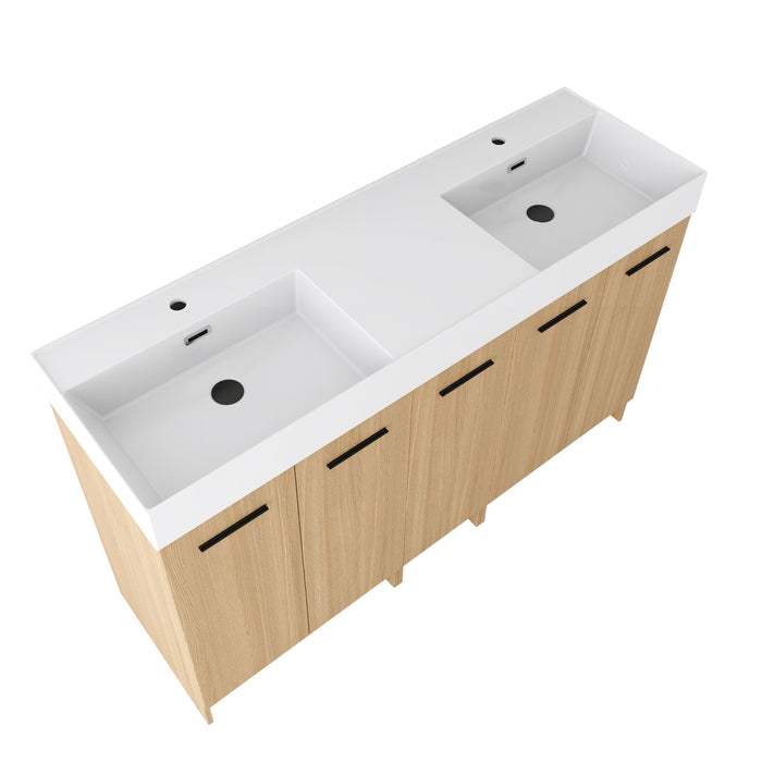 Double Sink Bathroom Vanity With Extra Large Storage, Integrated Sink, Freestanding Cabinet, Soft Close Doors - Glossy White / Light Oak