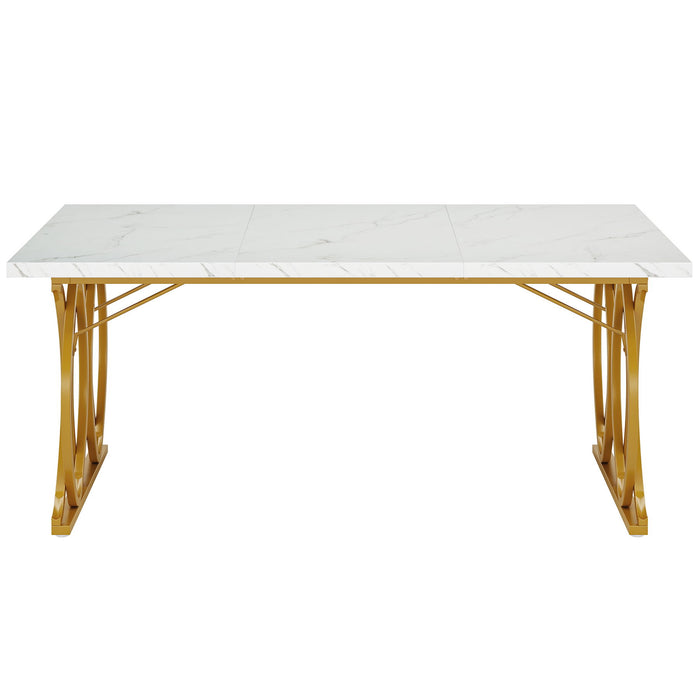 Large Rectangular Dining Table Kitchen Table With Geometric Legs - White / Gold