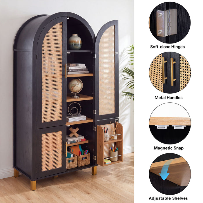 Tall Arched Cabinet With Rattan Doors & Adjustable Shelves