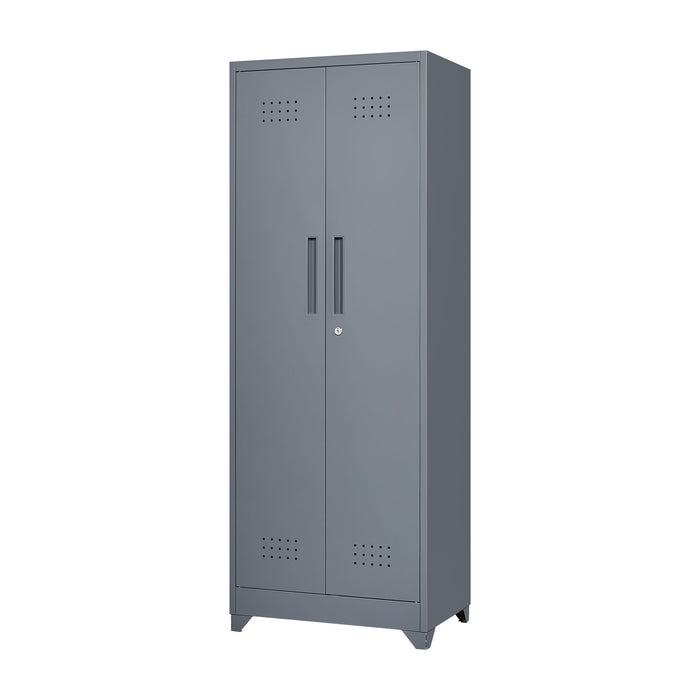 Heavy Duty Storage Cabinet With Locking Doors, Hanging Rod & Shelves, Broom Closet - Gray