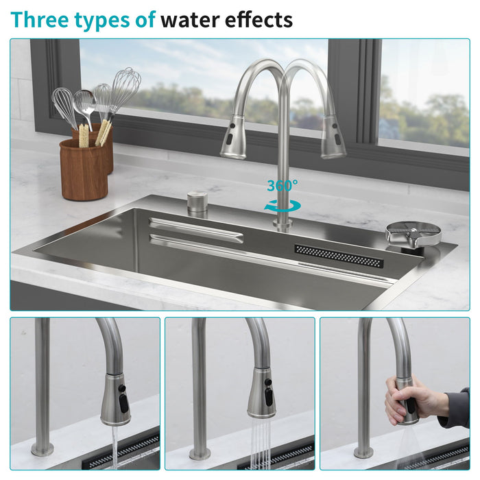 Drop In Waterfall Kitchen Sink With Pull Out Faucet & Cup Washer