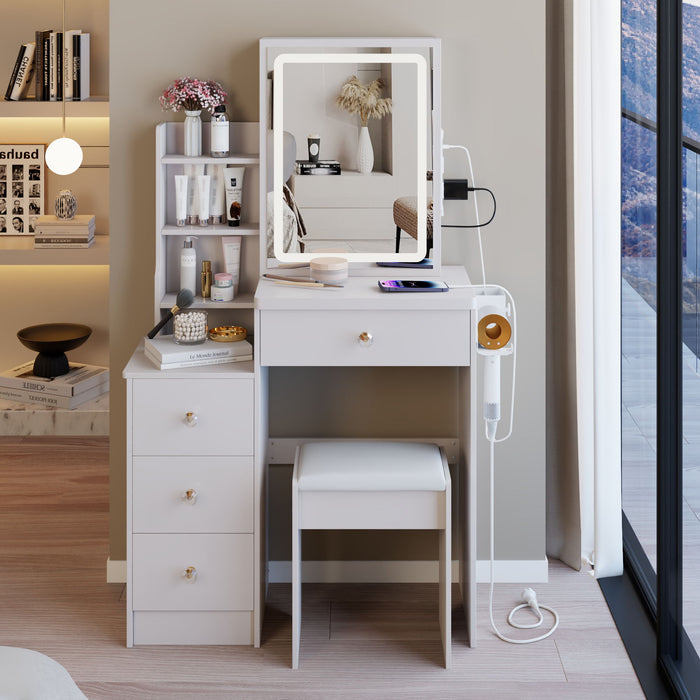 Cabinet Vanity Table & Cushioned Stool, USB Power Station, Hair Dryer Bracket - White