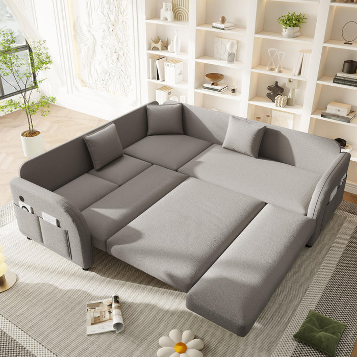 L-Shaped Couch With Pull-Out Bed, Oversize Convertible Sleeper Sofa With Side Pocket & USB Port