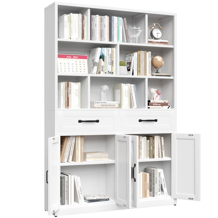 Bookcase Tall With 2 Doors & 2 Drawers, Fixed Open Shelves - White