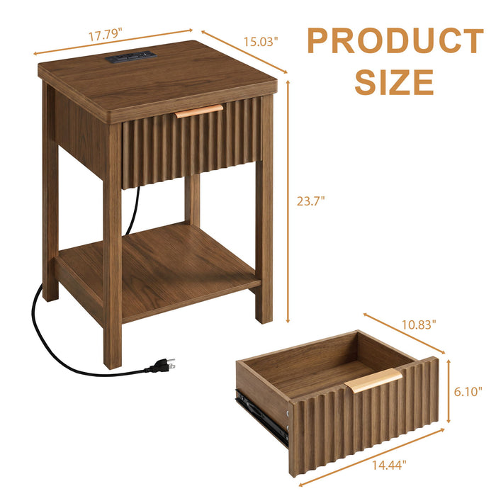 Nightstand, Bedside Table With Built In Charging Station (Set of 2) - Walnut