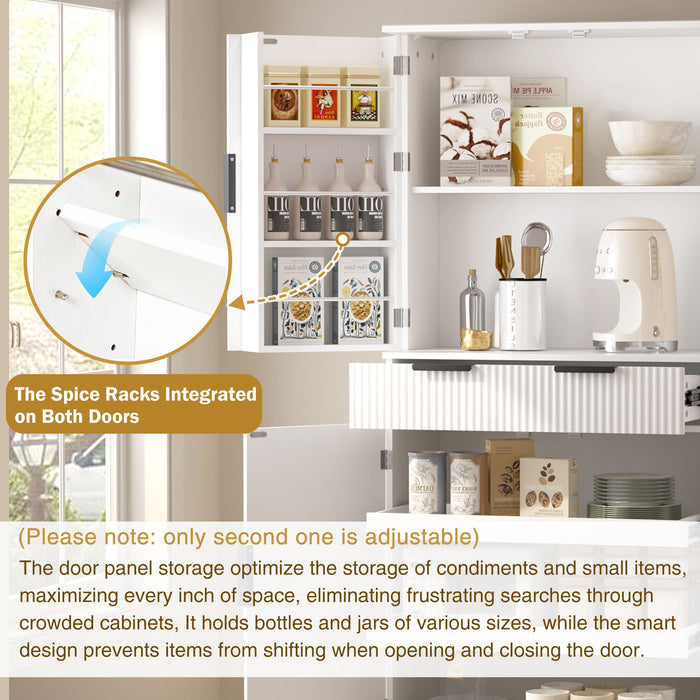 Fluted Kitchen Pantry Cabinet With 3 Keyboard Drawers & 6 Adjustable Door Shelves