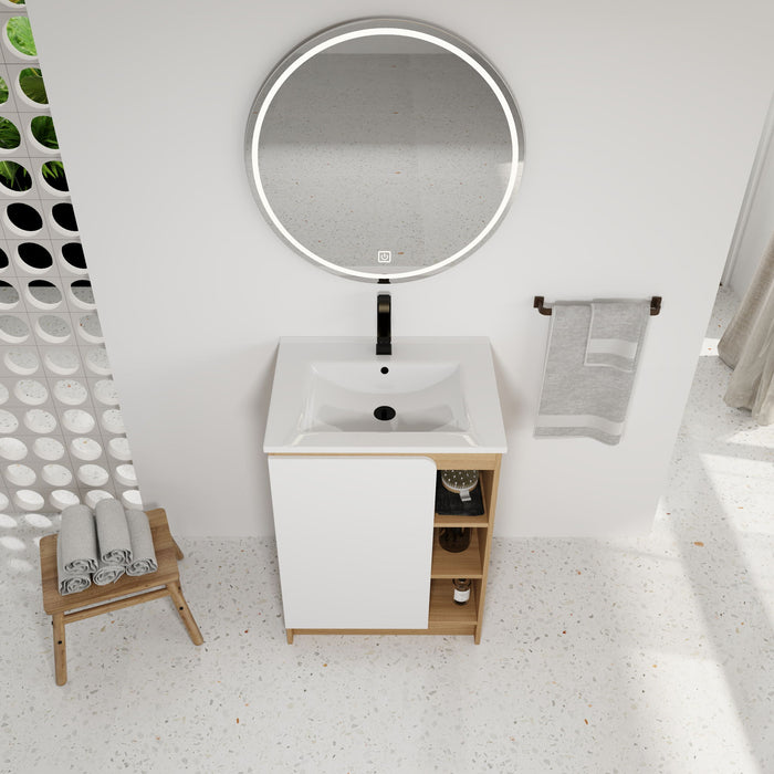 Freestanding Bathroom Vanity With Thin Rim Sink, Single Door With 4 Tier Open Shelves - Light Oak / White