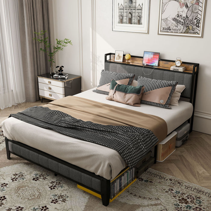 Bed With Charging Station, American Design Upholstered Headboard, Metal Platform