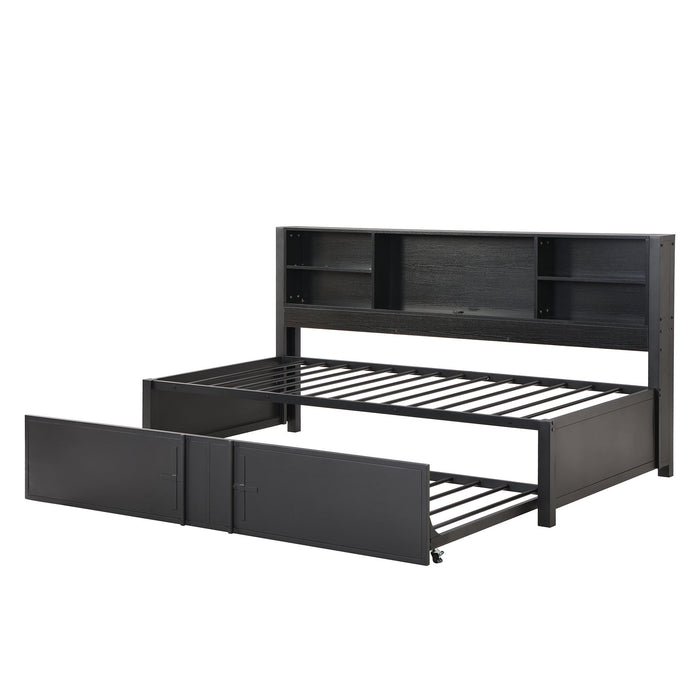 Industrial Metal Daybed With Trundle, Storage Shelves, USB Ports